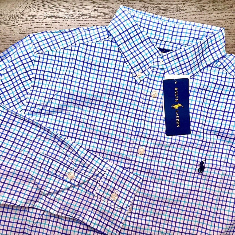 NWT | Ralph Lauren | Boy’s Cotton Button Down Shirt in Blue and Teal Che…